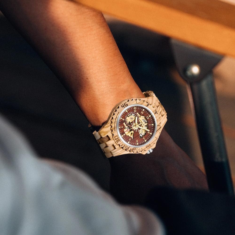Tiong Orologi meccanici in legno da uomo scheletro numeri romani carica automatica Orologio in legno leggero per uomini Orologio da polso, Fbm-mw1090-marrone rosso, Gotico