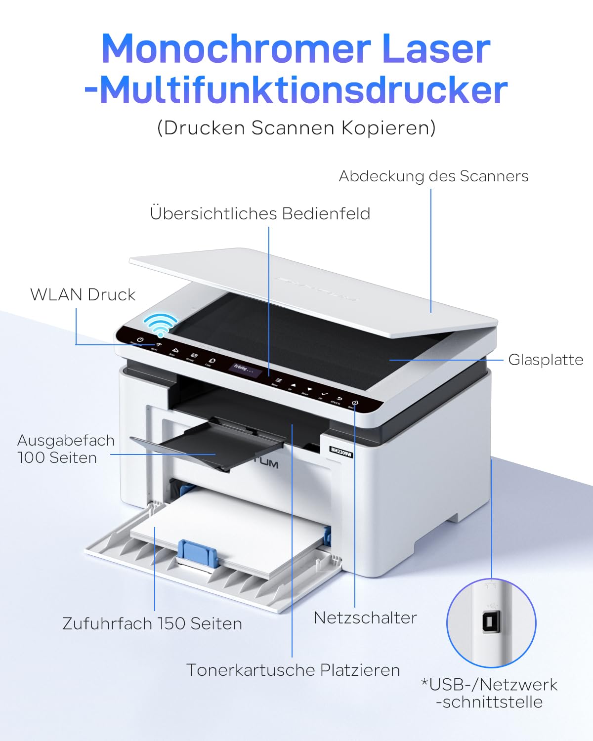 PANTUM BM2309W laserdrucker Multifunktionsgerät, Drucker Scanner Kopierer 3in1, Schwarz Weiss, WLAN Drucker, Airprint, A4, 1200 x 600 DPI, 20 Seiten pro Minute