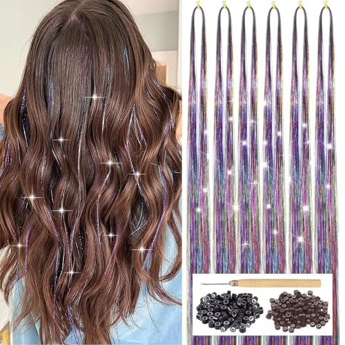 Colorful Hair Tinsel Kit with Tool 6pcs 1200 Strands Glitter Tinsel Hair Extensions Heat Resistant Sparkling Shiny Fairy Hair Accessories for Women Girls Kids 47Inch