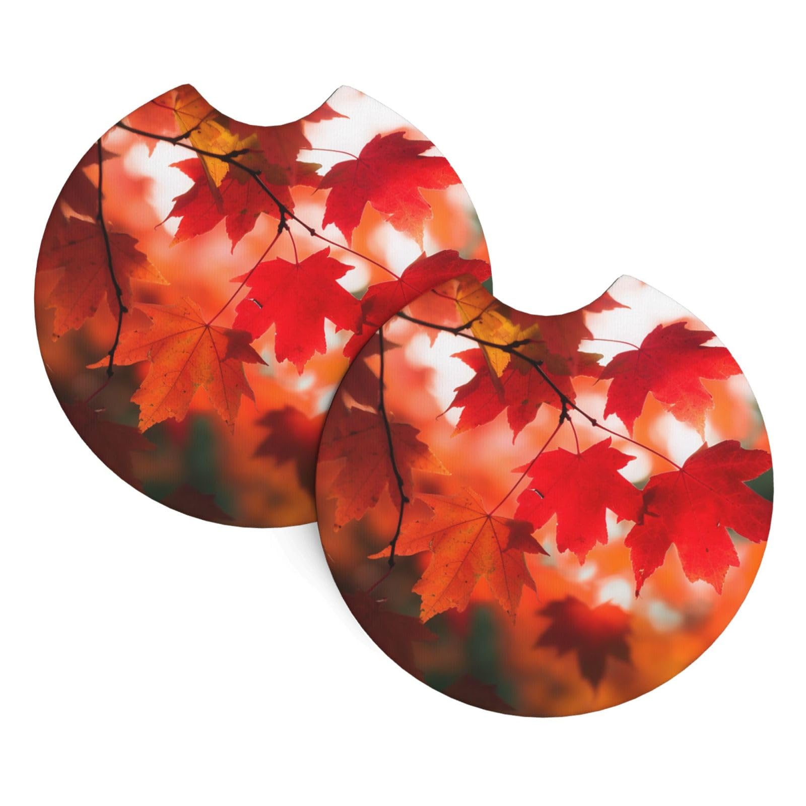 2PCS Car Coaster for Cup Holders Universal Auto Cup Mat Autumn Fall Red Maple Leaves Cup Coaster Pad 2.7" Waterproof Neoprene Non-Slip Cup Holder Coasters Car Interior Accessories for Women Men