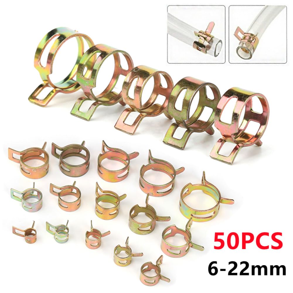 50 pezzi clip a molla in acciaio al carbonio per tubo del carburante, tubo flessibile dell'acqua, fascette per tubi, accessori per auto zincati, 6-22 mm