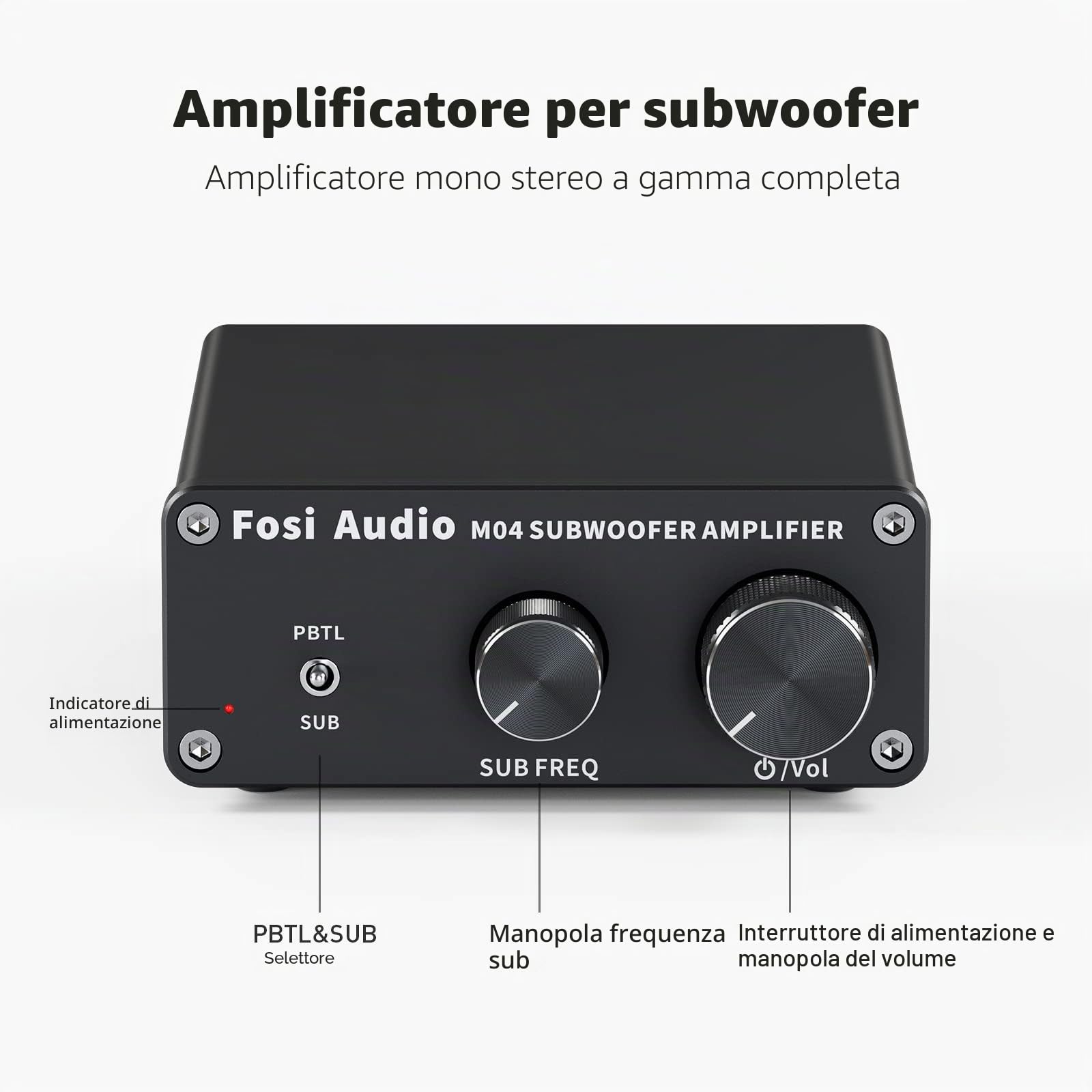 Fosi Audio M04 Amplificatore Subwoofer per Home Theater Mono Canale Digitale Classe D Amplificatore di Potenza Integrato per Altoparlanti Passivi Subwoofer Nominale 100W MAX