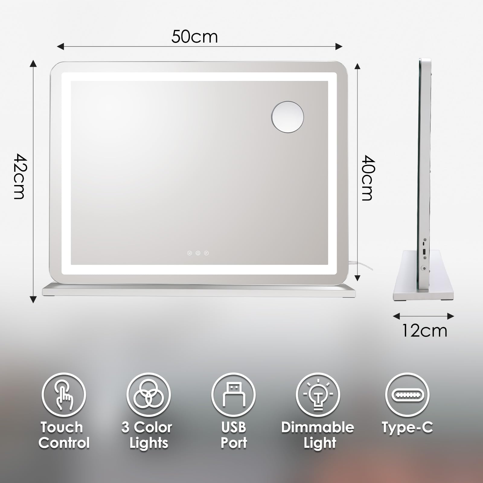 MAMIZO Schminkspiegel mit Beleuchtung, 50X40cm, Mit USB und Typ-C, Kleiner Hollywood Spiegel,10x-Lupe, 3 Farbtemperaturen, Wandspiegel, Tischspiegel, mit Touchscreen-Steuerung, Spiegel mit licht