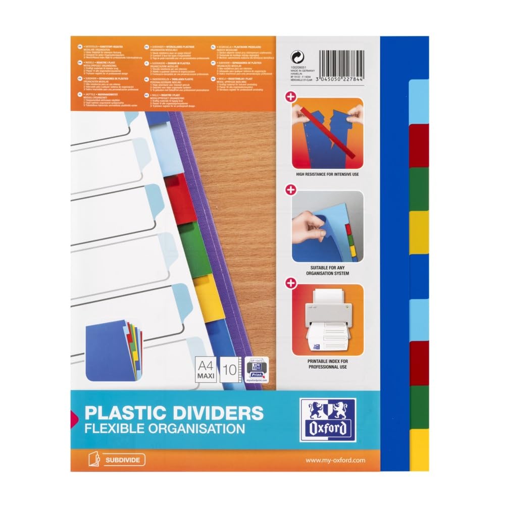 Oxford A4 plastikowe przegrody, 10 części, różnorodne, 1 zestaw
