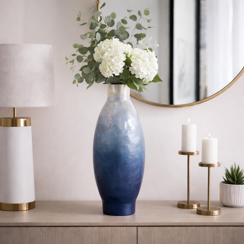 Decorative Tall Ombre Vase for Living Room Decor - Contemporary Textured Flower Vase for House, Office, Room, and Table Display - Stylish Home Accent for Bedroom and Entryway - 20", Ivory & Blue