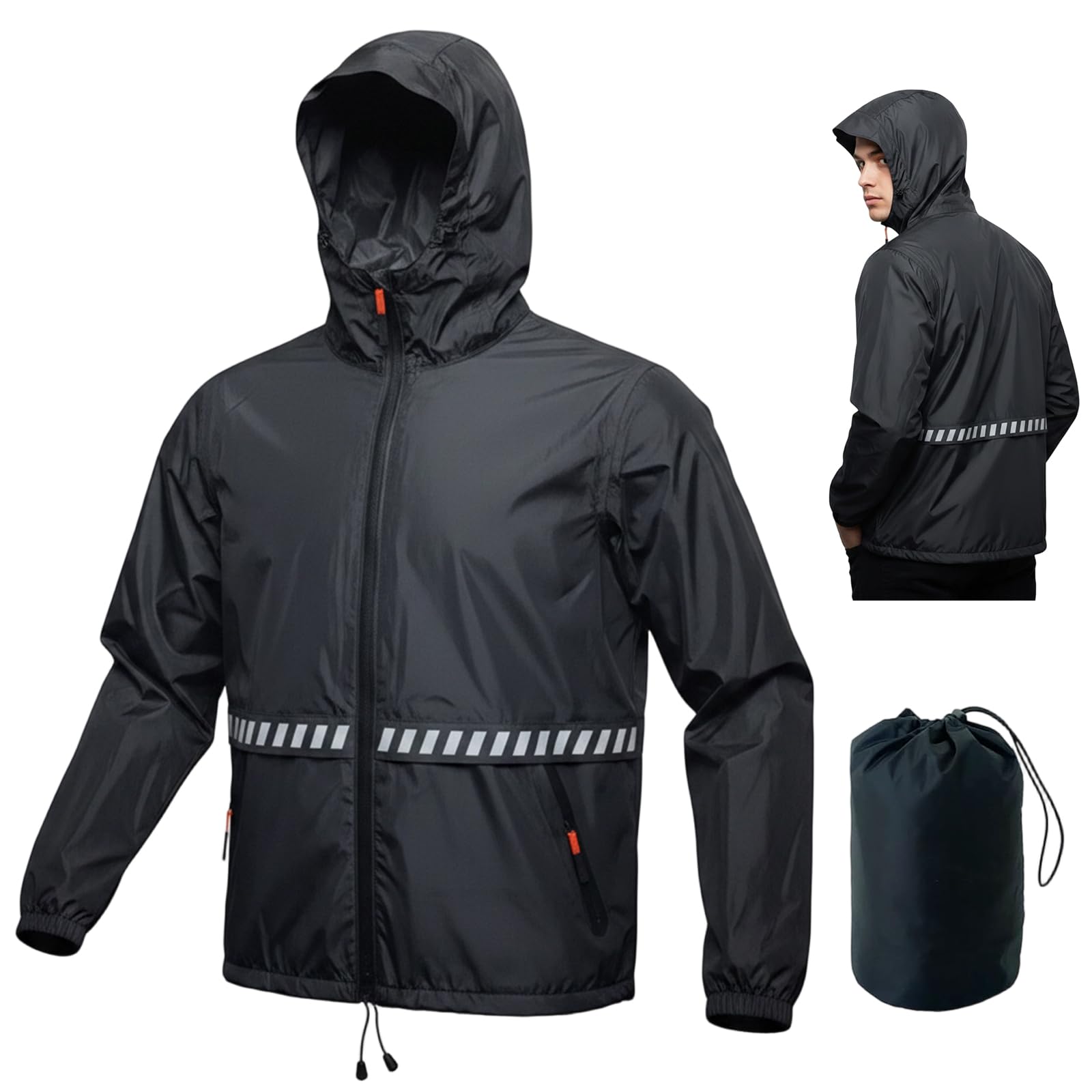 RJVZVEJH Mens Rain Waterproof Jackets with Hood, Lightweight Packable Raincoat with Reflective Strip, Water Proof Rainy Windbreaker Clothes for Outdoor Cycling Golf Hiking Travel