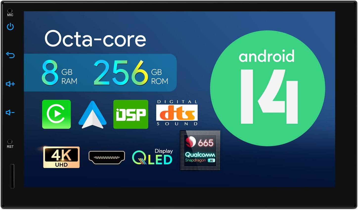 XTRONS 7" Android 14 QLED Universal Double Din Car Stereo Qualcomm 665 Radio Player Octa-core 8GB+256GB Head Unit with DSP Wireless CarPlay Support 4G 4K Video AHD Camera DAB+ RCA Day & Night UI Mode