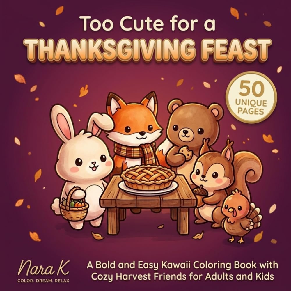 Too Cute for a Thanksgiving Feast: A Bold and Easy Kawaii Coloring Book with Cozy Harvest Friends for Adults and Kids