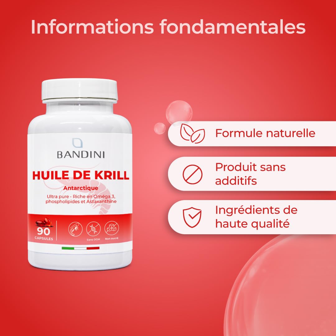 Bandini® Huile de Krill Pure d' Antarctique 3000mg Oméga 3 | 465 mg DHA et EPA, 1200 mg Phospholipides Marins, Source de Astaxanthine, Acides Gras Essentiels Omega-3 | Idéal pour le coeur - 90 gélules