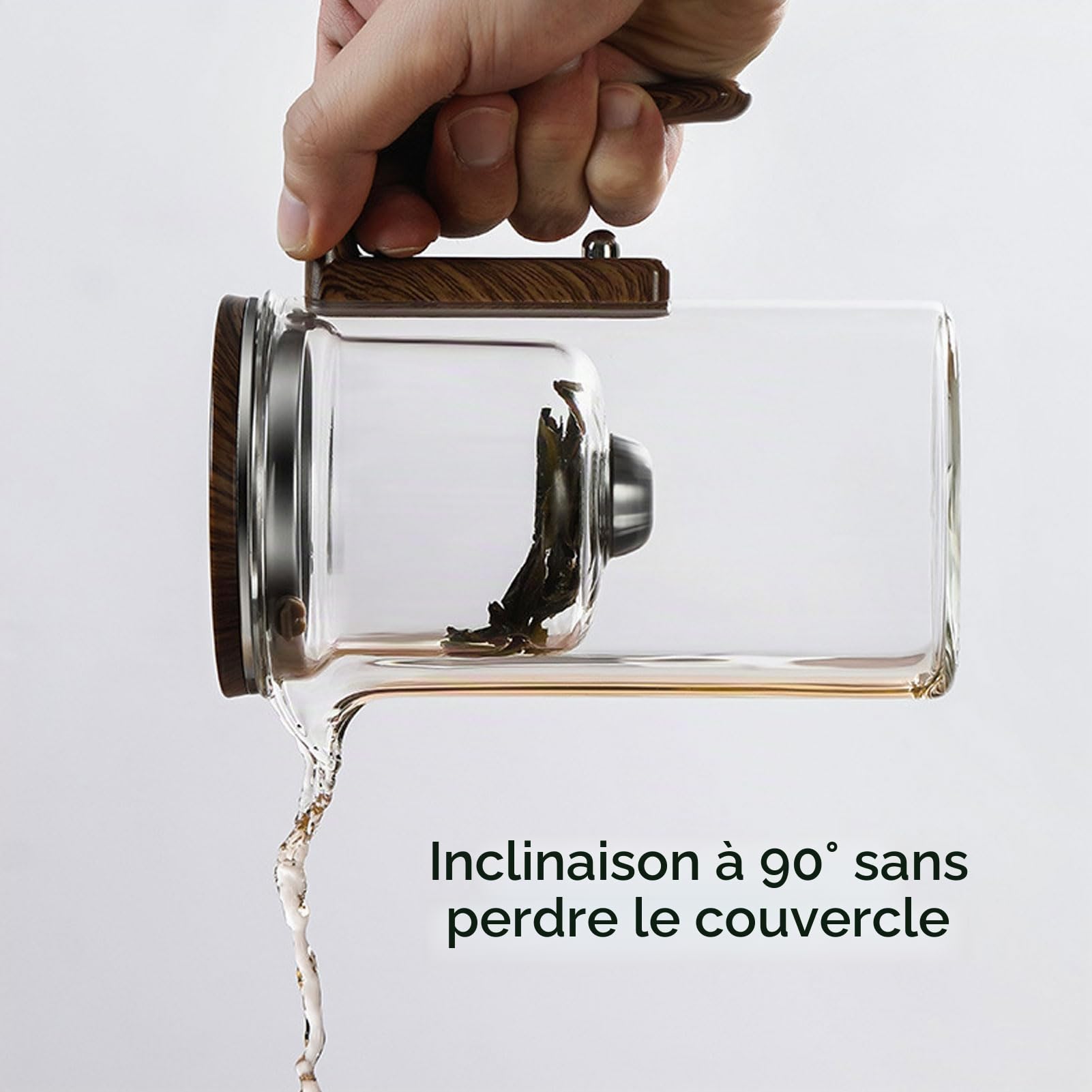 Théière, Théière en Verre de Séparation D'eau de 800 Ml avec Infuseur, Poignée en Bois, Interrupteur Magnétique, Théière en Verre Transparente, Bouilloire à thé pour la Maison