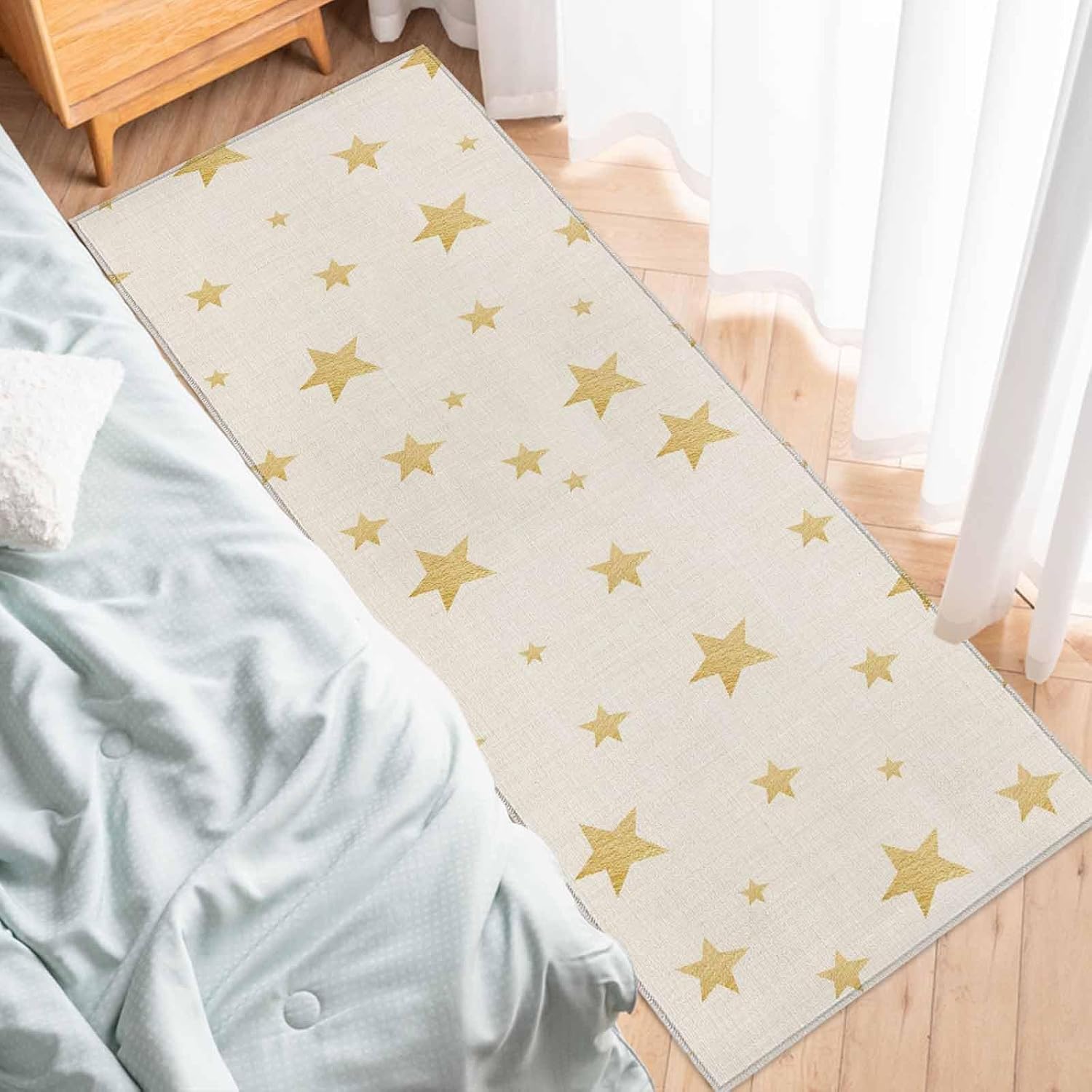 Teamery Kitchen Mats for Floor Gold Stars on Burlap Linen Washable Non Slip Kitchen Rugs 1PCS, Seamless Shining Star Absorbent Standing Mats for Sink Bathroom Office Living Room 23.6x70.9in