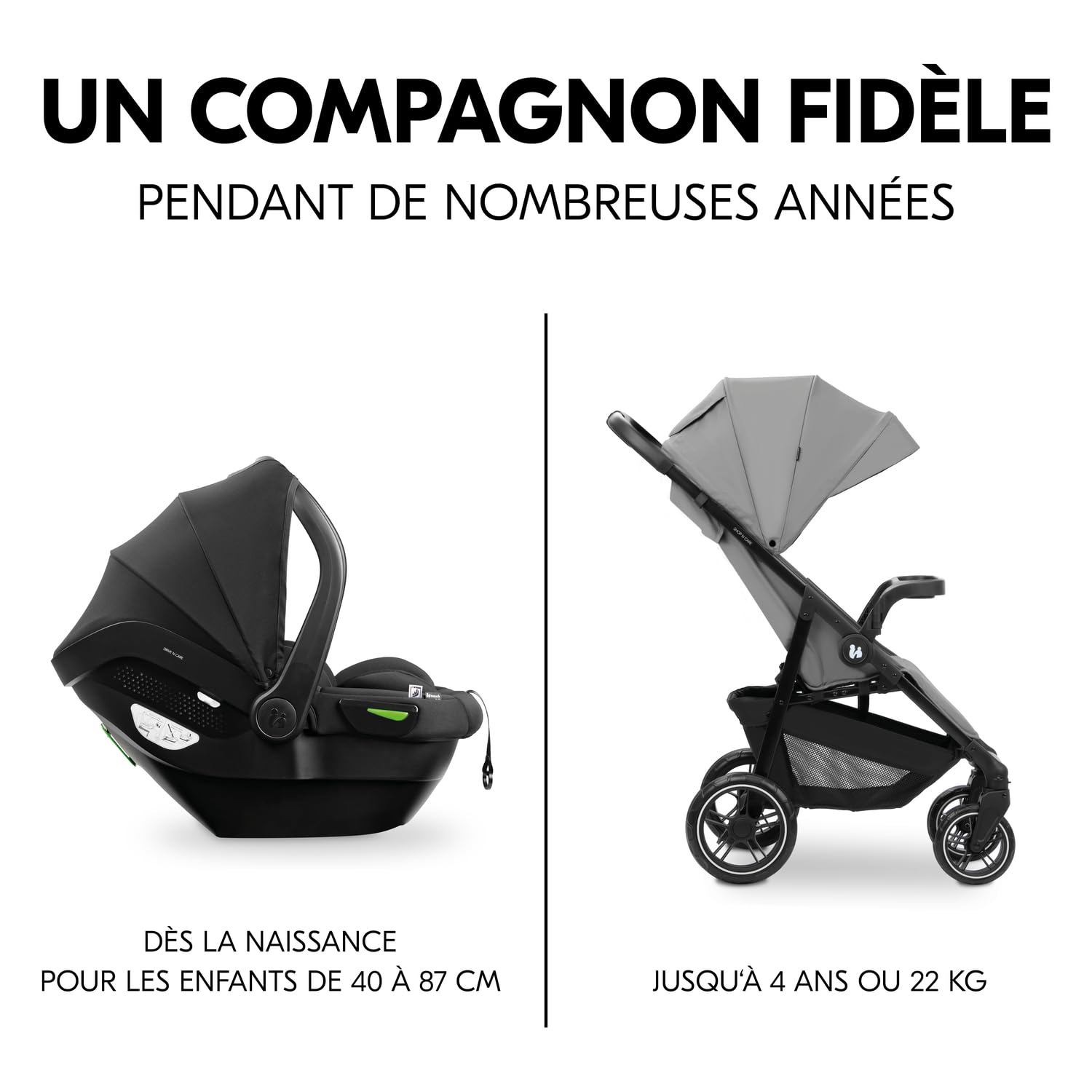 hauck Poussette 2 en 1 Shop N Care Travel Set, Inclus Siege Auto Bebe, dès la Naissance à 22 kg, Pliage Compact, Inclinable, Porte-Gobelet, Tablette, Protection UV 50+ - Gris
