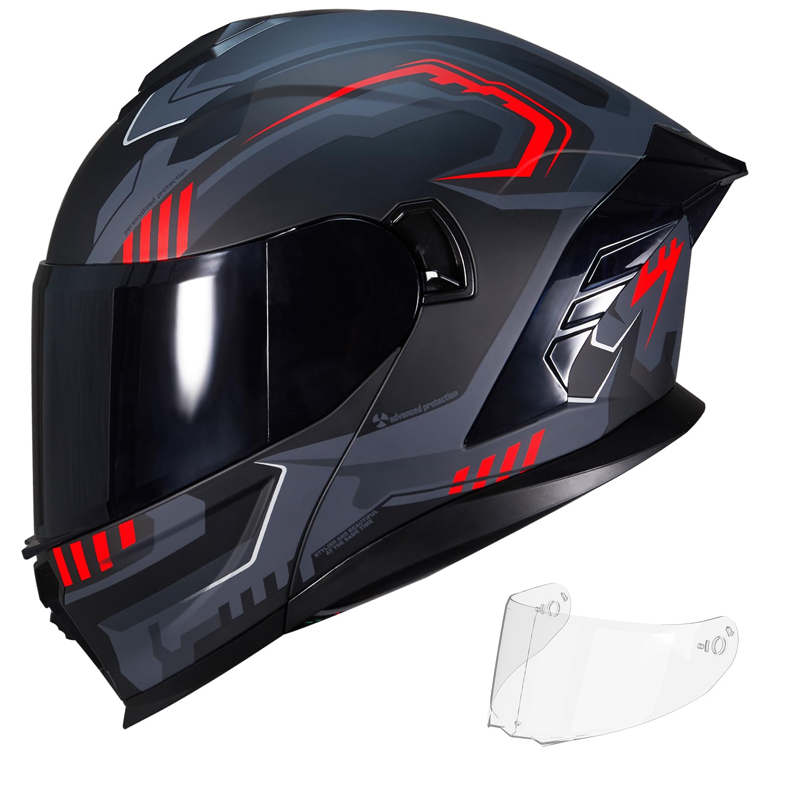 MXJ Gear Motorcycle Helmet,Motorcycle Dual Visor Flip up Modular Full Face Helmet JR-815,DOT Approved Motorbike Helmet with 2 Visors for Adults Men