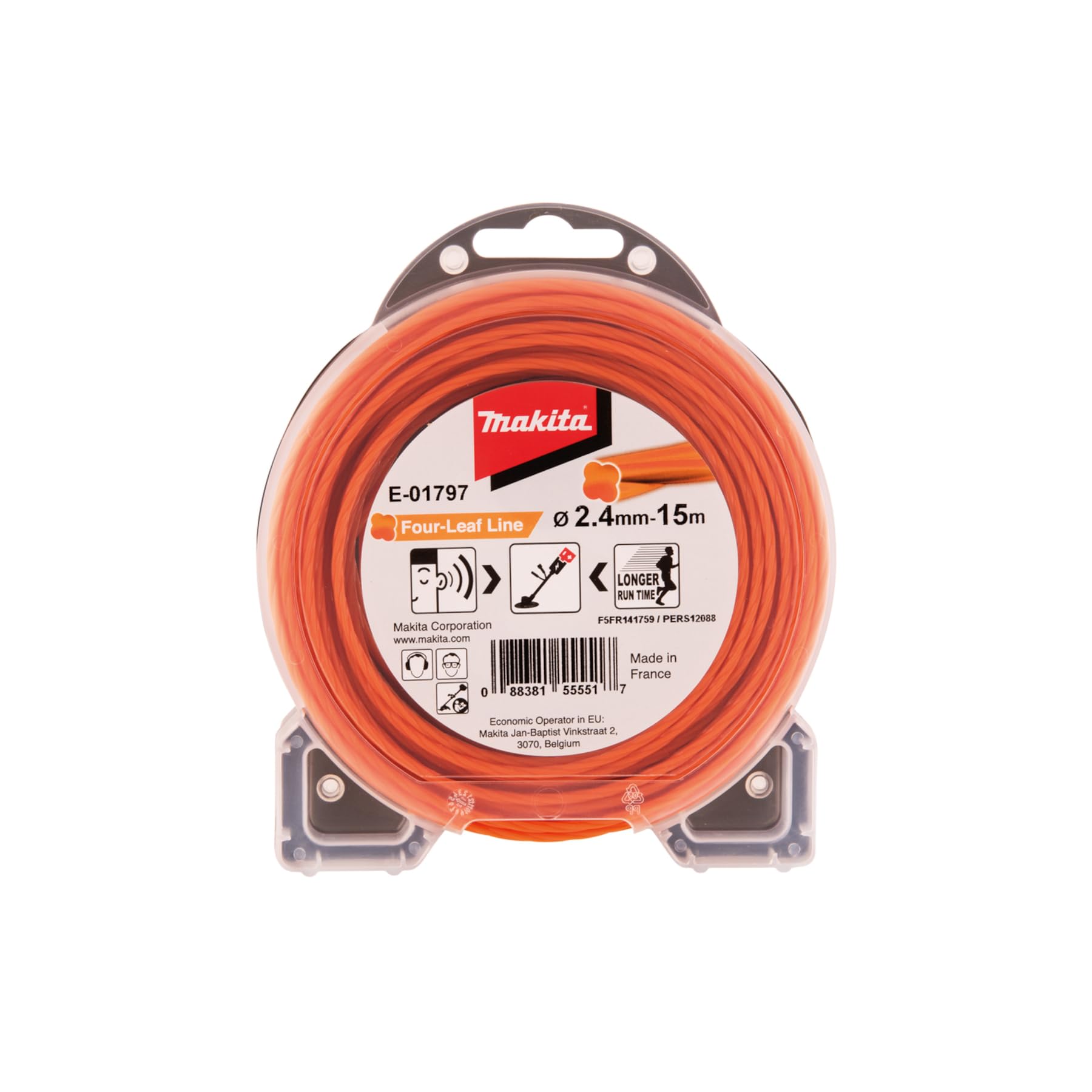 Makita E-01797 Mähfaden Four-Leaf 2,4 mm x 15 m, Trimmerfaden, Nylon, orange, geräuschreduziert, erhöhte Laufzeit, speziell für Akku-Rasentrimmer und Akku-Freischneider