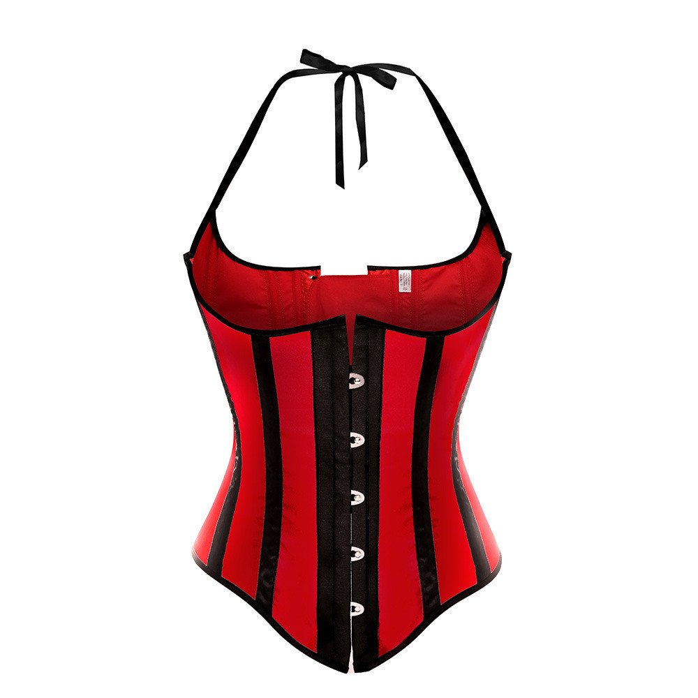 jutrisujo Sexy Underbust Corset Basques and Corsets Plus Size Bustier Halter Stripe Women top Victorian Costumes Black red XL