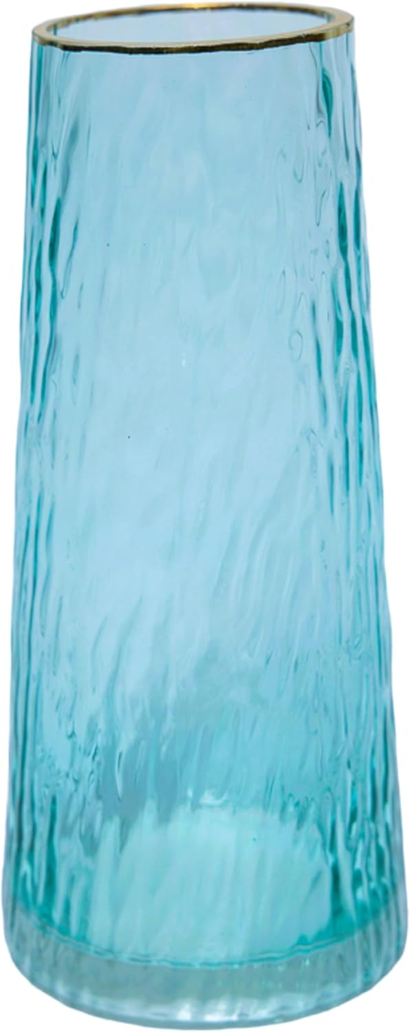 Cylinder Glass Vase with Gold Rim, for Flowers for Home Decor, Office Decor. 11 inches Tall. (Turquoise)