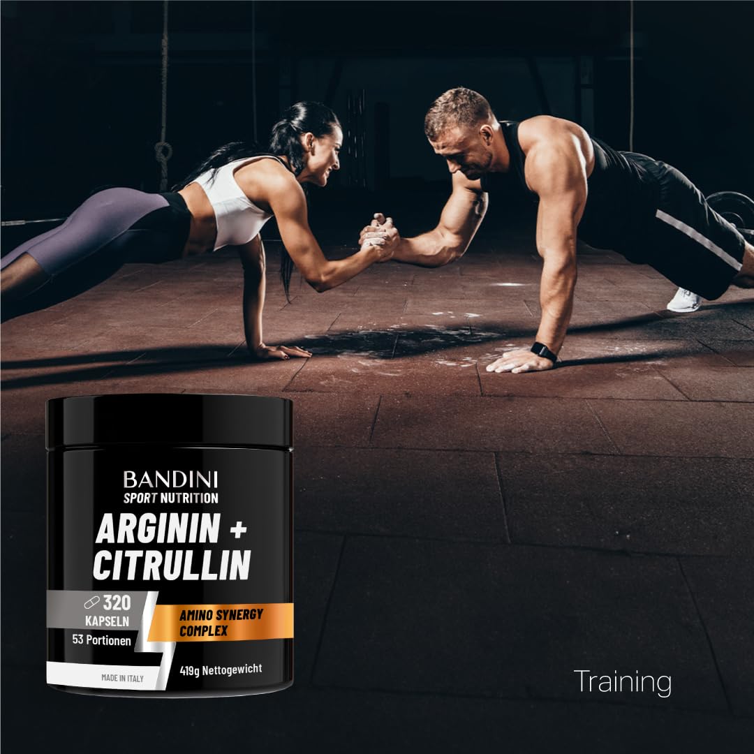 Bandini® L-Arginin + L-Citrullin 320 Kapseln (1100 mg pro Kapsel), Hochdosiert, Arginin + Citrullin Malat für Preworkout, Supplement für Fitnessstudio, Halb-Essentielle Aminosäuren, 50+ Tage Vorrat
