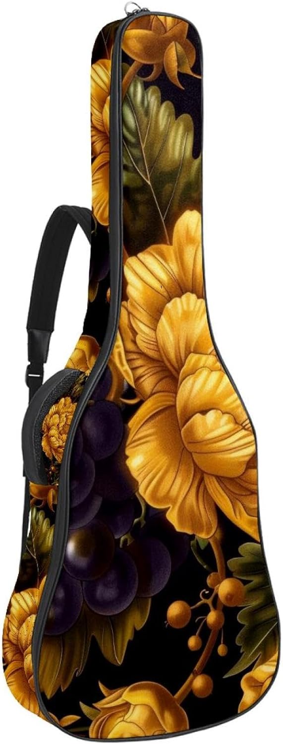 40 41 42 Inch Guitar Bags, Waterproof Padded Acoustic Guitar Case Backpack with Adjustable Shoulder Strap & Pockets, Yellow Peonies Flowers and Grapes