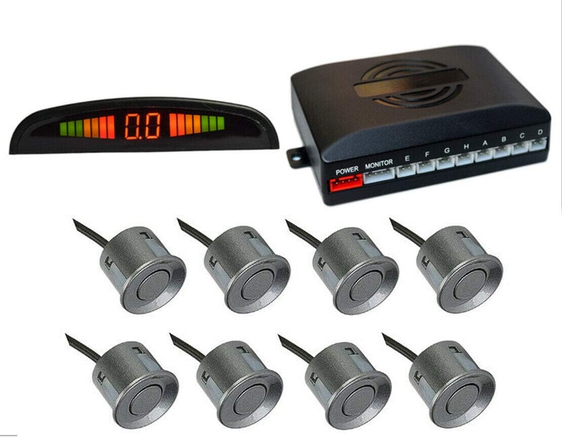 Car Reverse Parking Radar System 8 Reversing Sensors Kit with Front and Rear Alarm Buzzer Reminder LED Display Safe Driving, Car Parking Sensor, Gray