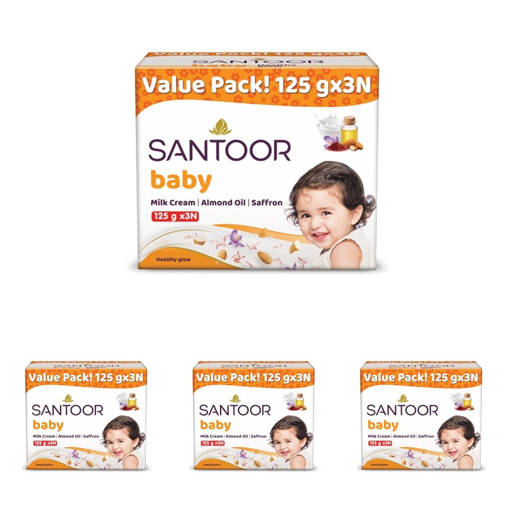 Santoor Baby Bathing Bar Soap with Milk Cream, Saffron, & Almond Oil for Soft & Supple Skin| Gentle & Rich Lathering Formula with Mild Fragrance| 125gx3 (Pack of 4)-image-32