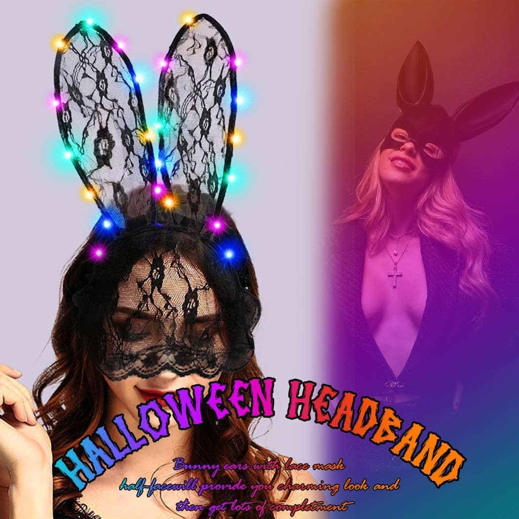 Catery Black Lace Bunny Ears Light Up Rabbit Ears Headband Bunny Mask Halloween Accessories for Women - Image 3