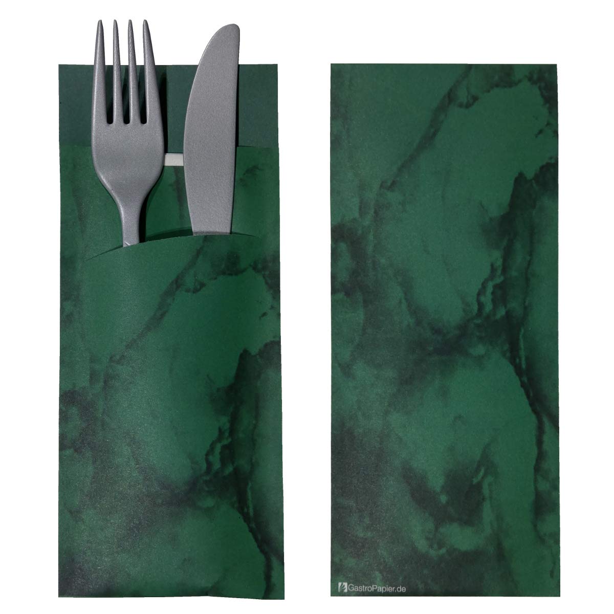520 Bestecktaschen mit Serviette dunkelgrün marmoriert 20 cm