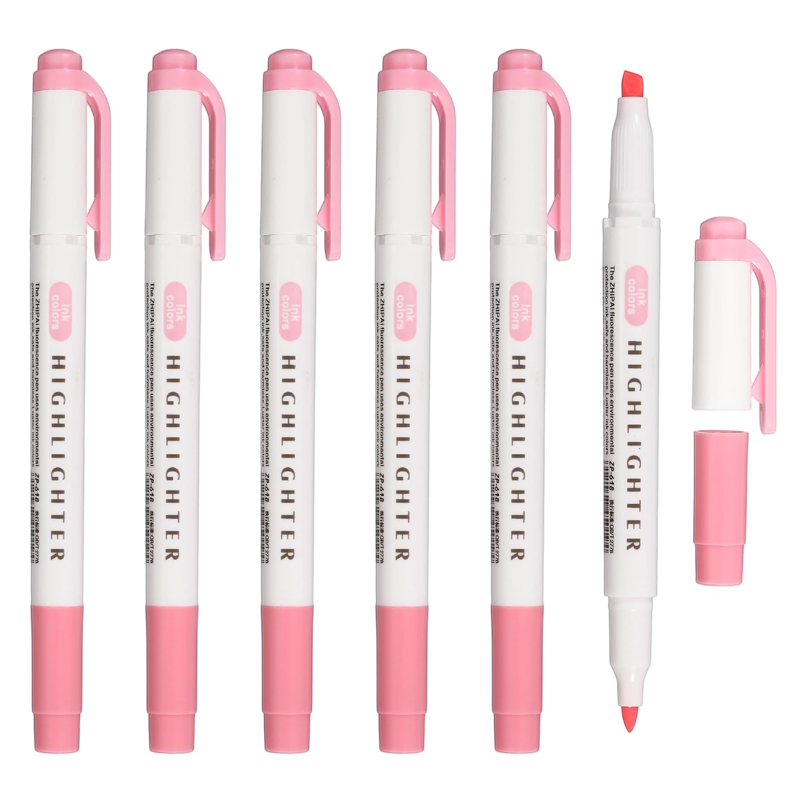 PATIKIL Highlighter Pen, 6 Pack Double Ended Highlighter Broad and Round Tips Marker Pens Studying Supplies for Office Home Daily Use, Light Pink