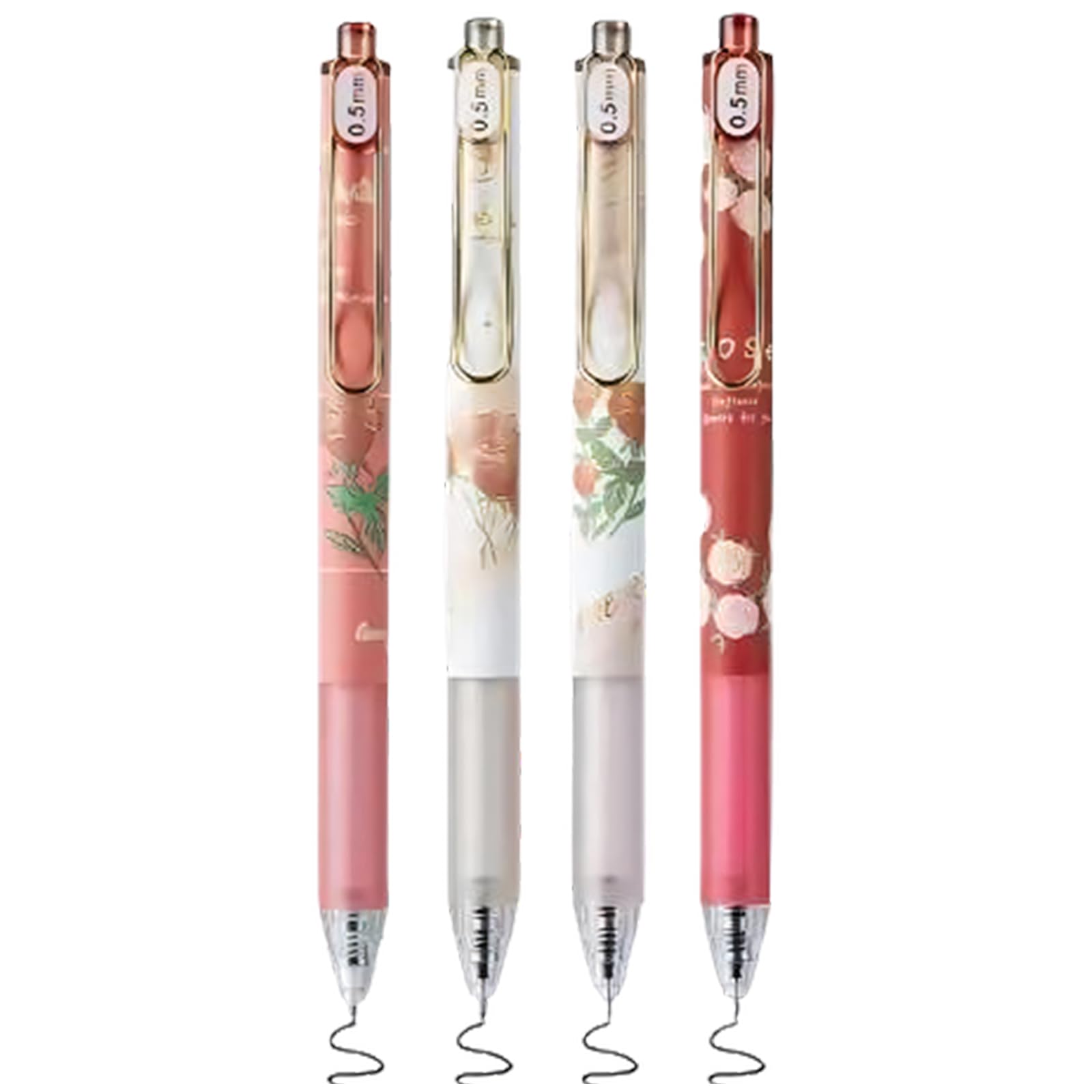 RBRMHM 4PCS Rose Print Gel Pen 0.5MM Black Inks Ergonomic Grip Retractable Gel Pen with Metal Clip for Note Taking Journaling