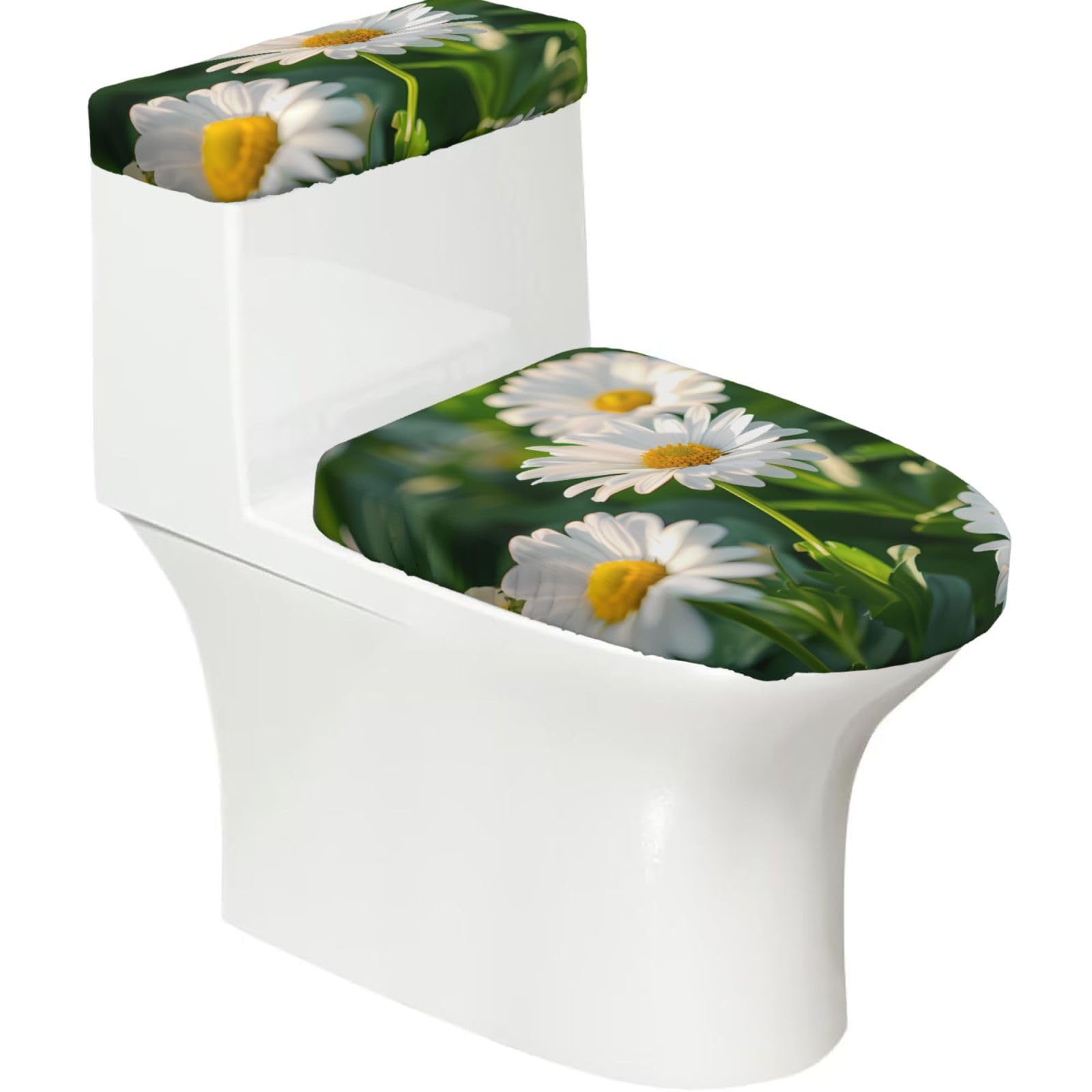 X Psblty Daisy_1 Toilet Seat Cover Set 2 Piece Bathroom Decor Toilet Lid Cover With Tank Top Cover Stretch Fit Soft Fabric For Home 15-21 Inch