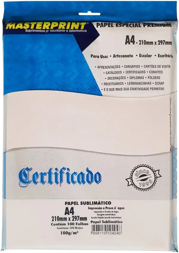 Papel Masterprint A4 Sublimático 100g/m² Fosco Profissional 100 Folhas CORES VIVAS E ALTA TRANSFERÊNCIA para Canecas Camisetas Brindes