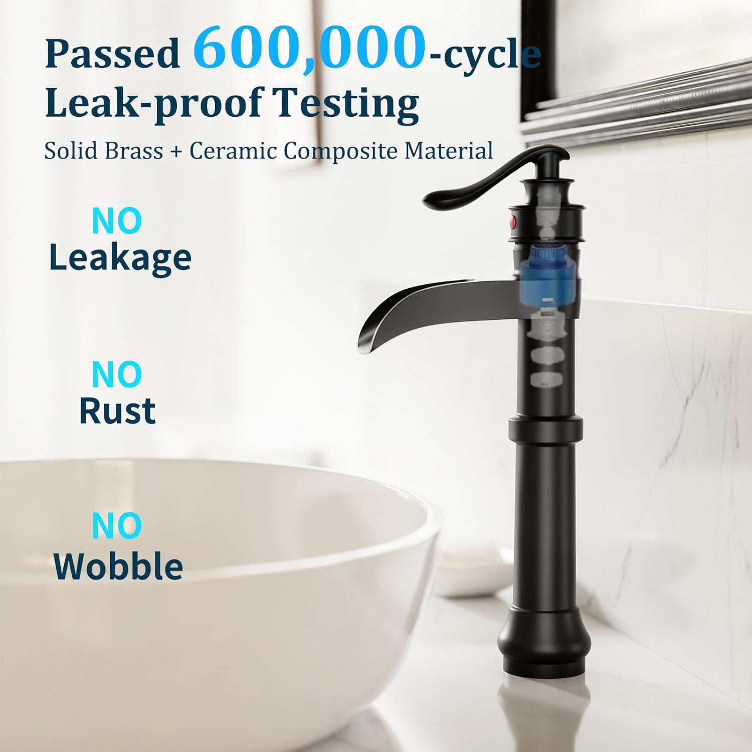 Vessel Sink Faucet, Matte Black Bathroom Waterfall Sink Faucet Tall Bathroom Single Handle 1 Hole Farmhouse with Pop Up Without Overflow Drain Lavatory