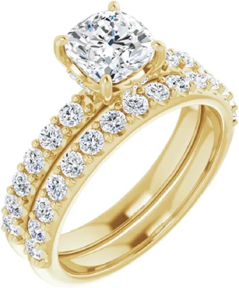 10K Solid Yellow Gold Moissanite Diamond Solitaire Engagement Ring Set, 1-5CT Cushion Cut, Handmade Wedding Bridal Ring for Women
