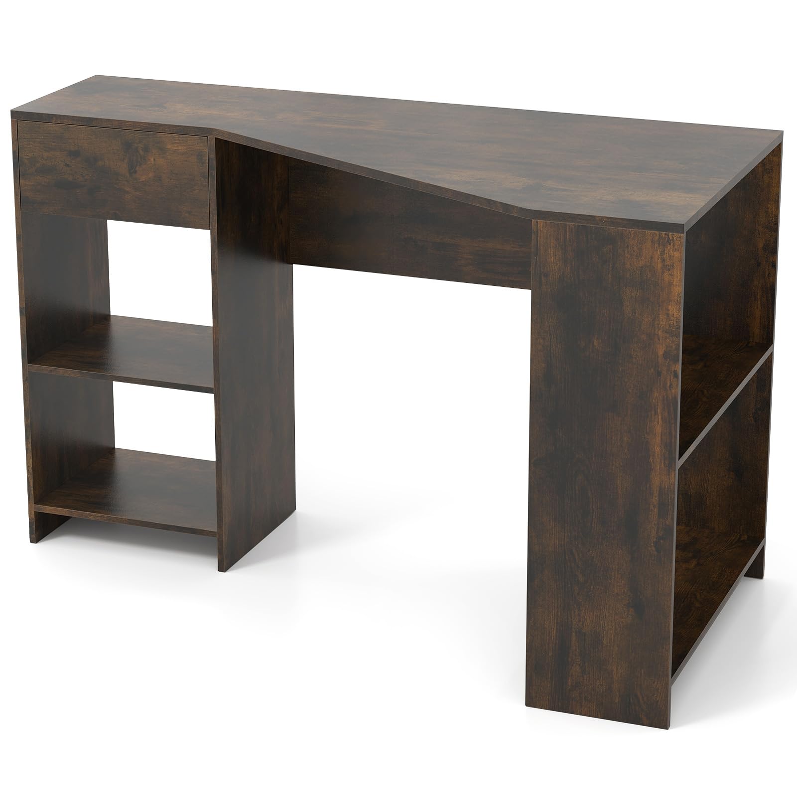 CASART 120cm Home Office Desk, L-shaped Computer Desk with Drawer & 4 Storage Shelves, Corner Writing Table for Office, Study, Bedroom, Game Room (Brown)