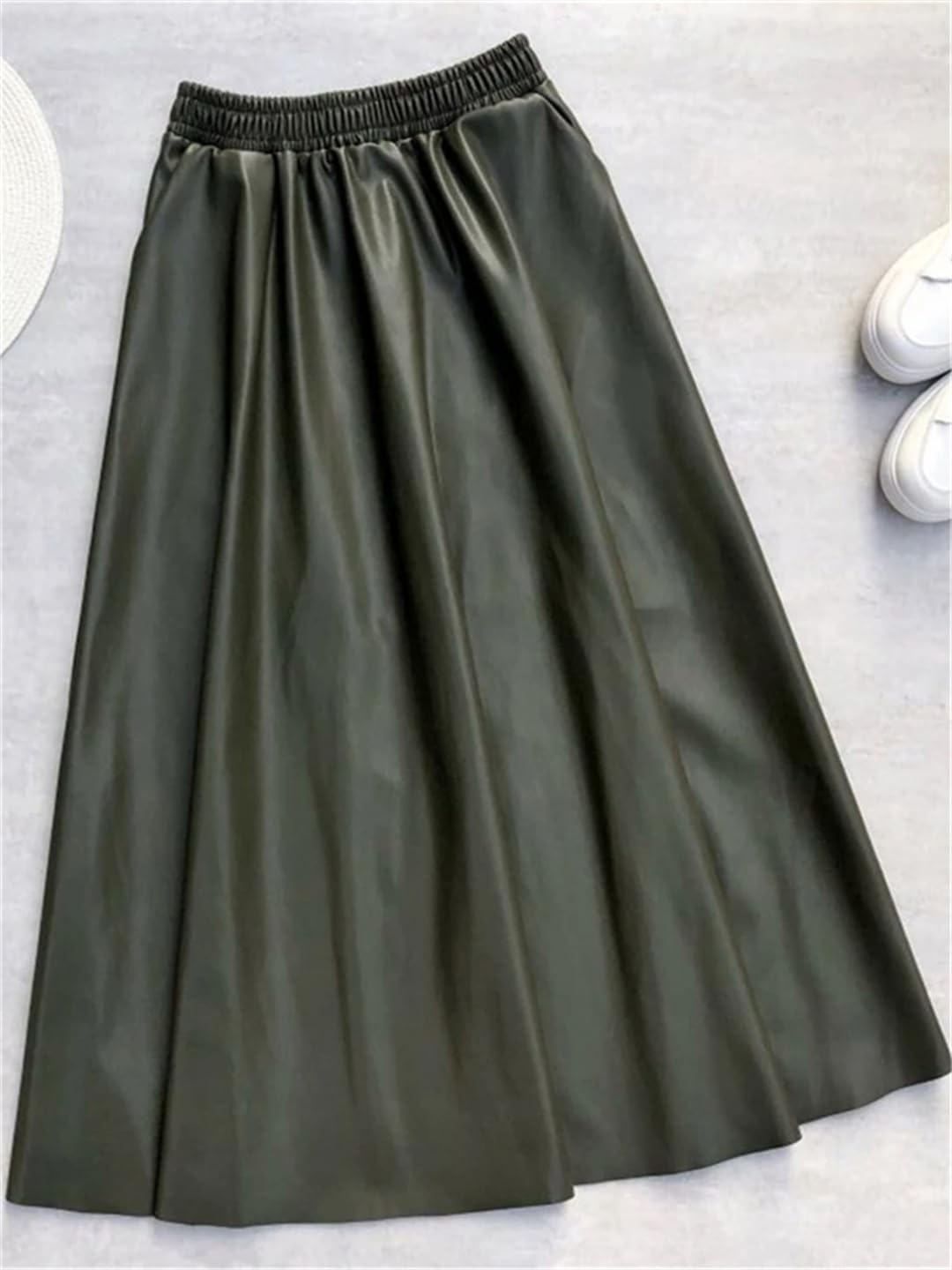 Wjnvfioo Faldas largas de cuero de la PU de las mujeres otoño invierno elástico cintura alta vintage A-Line Faldas