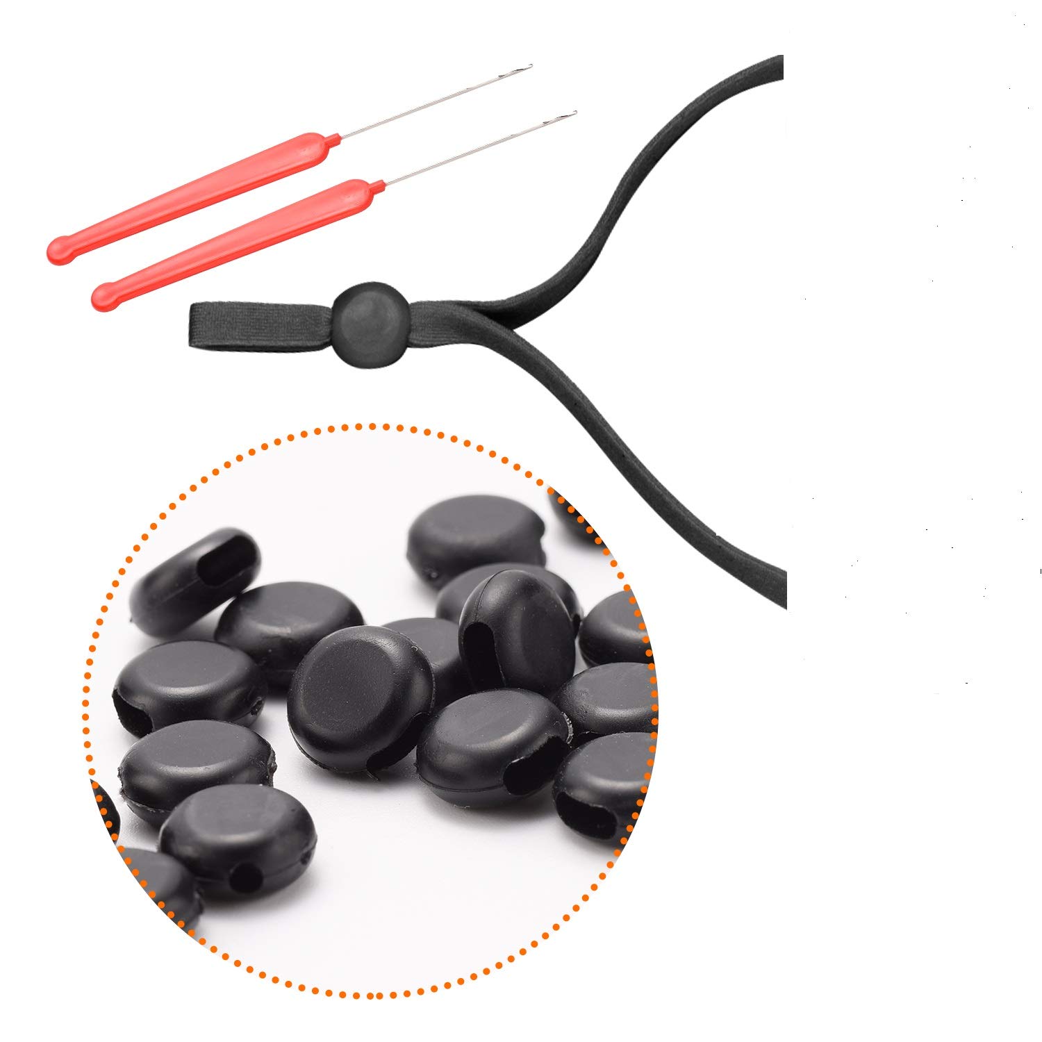 120 PCS Black Adjustable Soft Elastic string cords Buckle adjuster with 2 pcs crochet hook ,Suitable for all different sizes of mask straps bands