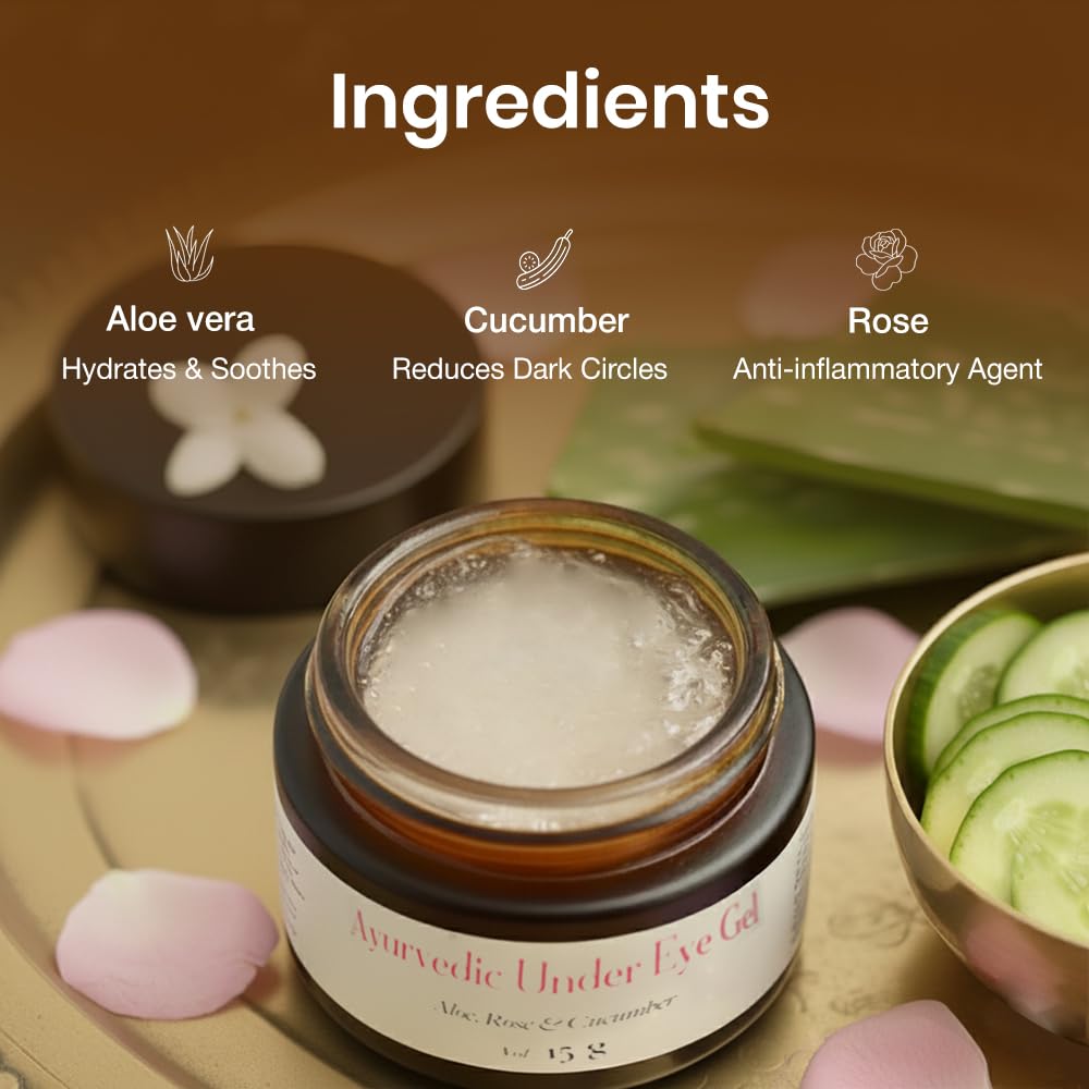 Sadhev Under Eye Gel | Aloe Vera, Cucumber & Rose | Reduces Dark Circles, Wrinkles & Puffiness | Natural Ayurvedic Hydrating Eye Gel | All Skin Types | 15g 1