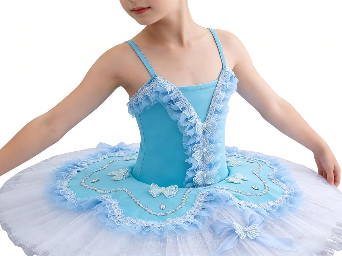 Vestido de Ballet Tutú para Niñas Vestido de Competición de Baile de Salón Traje de Bailarina Falda con Bordado Floral Ropa de Baile Vestido de Entrenamiento para Actuaciones(150Cm)