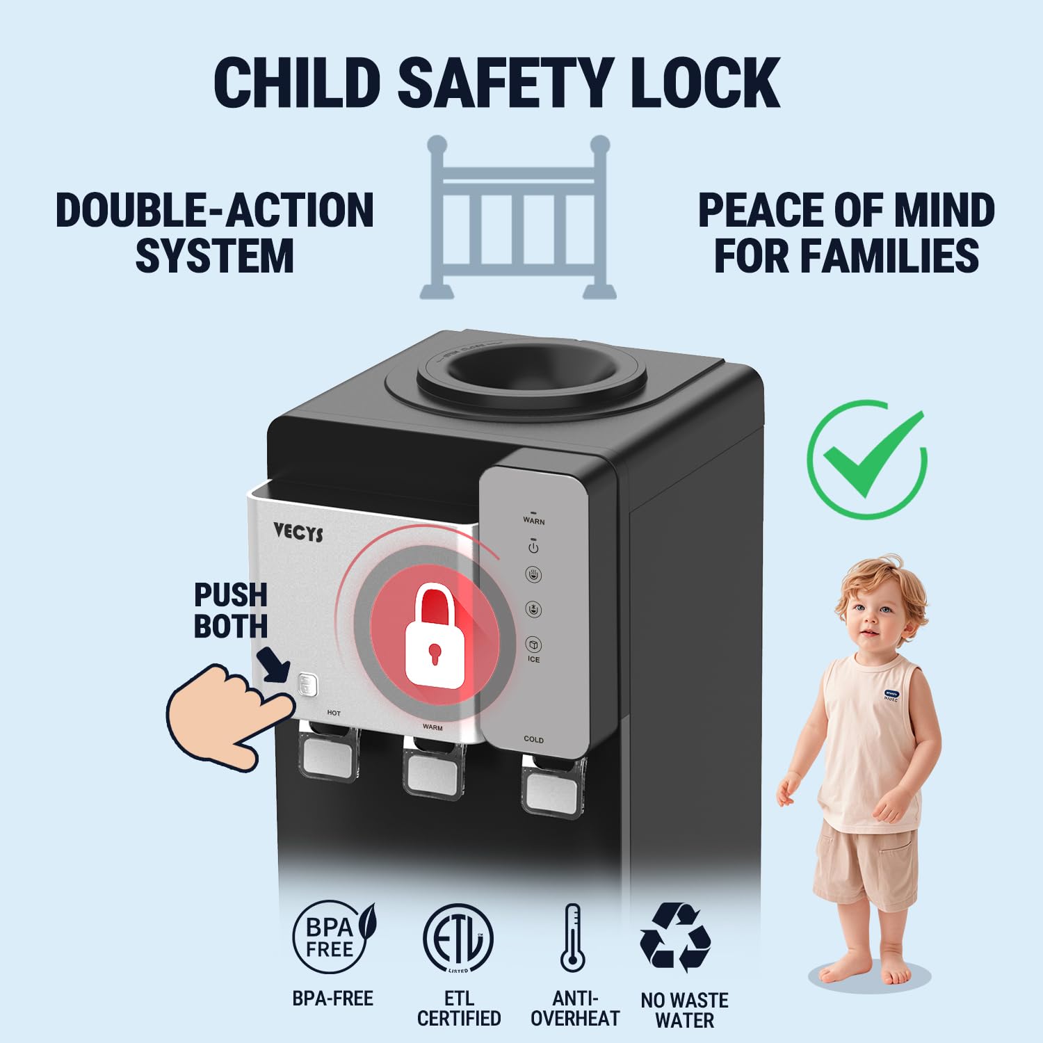 VECYS Distributore di acqua refrigerante con macchina per il ghiaccio, 12,2 kg per la produzione di ghiaccio giornaliero e acqua calda fredda, blocco di sicurezza per bambini e compatibile con