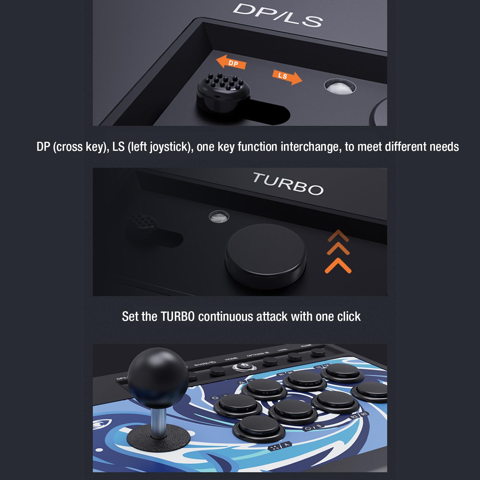 Diyeeni Arcades Stick, Arcades Fighting Stick con 8 Teclas de Acción, 8 Teclas de Función y Joystick de Acero, Compatible con Funciones Turbo, Modos DP y LS para Teléfonos, Tabletas
