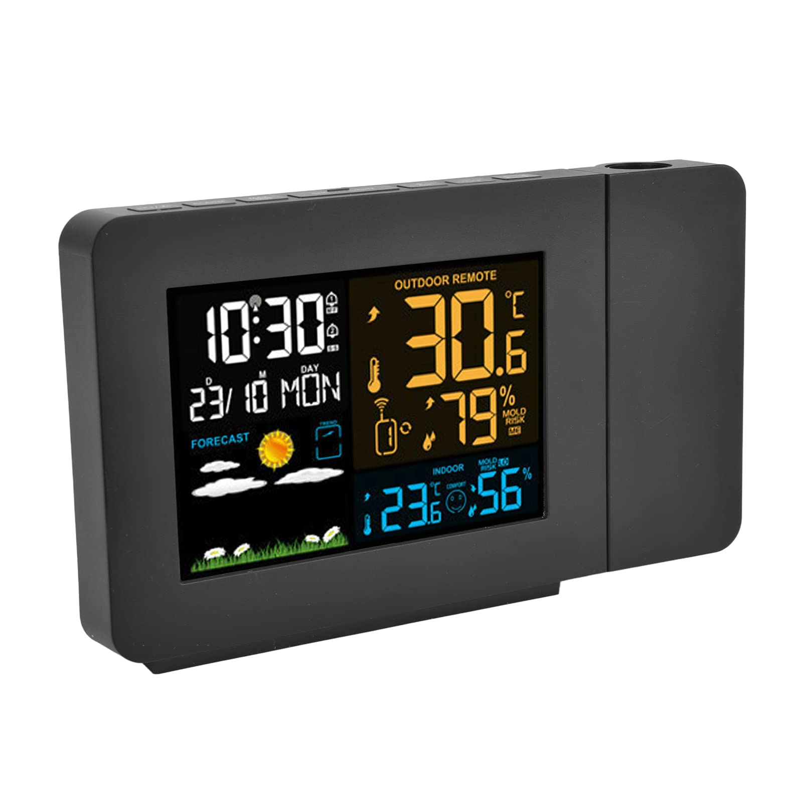 Cryfokt Digitales Hygrometer, Wecker, Projektion, Innen- und Außenthermometer für Zuhause, Büro, 1 Empfänger aus Kunststoff