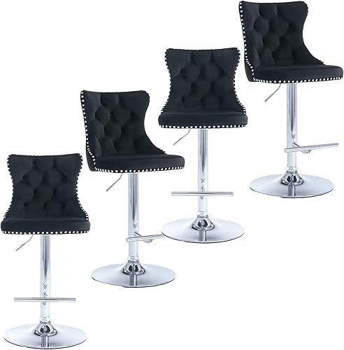 Rhomtree Taburetes de bar giratorios de terciopelo con botón en la parte trasera copetuda y anillo de tracción, taburetes de bar ajustables en