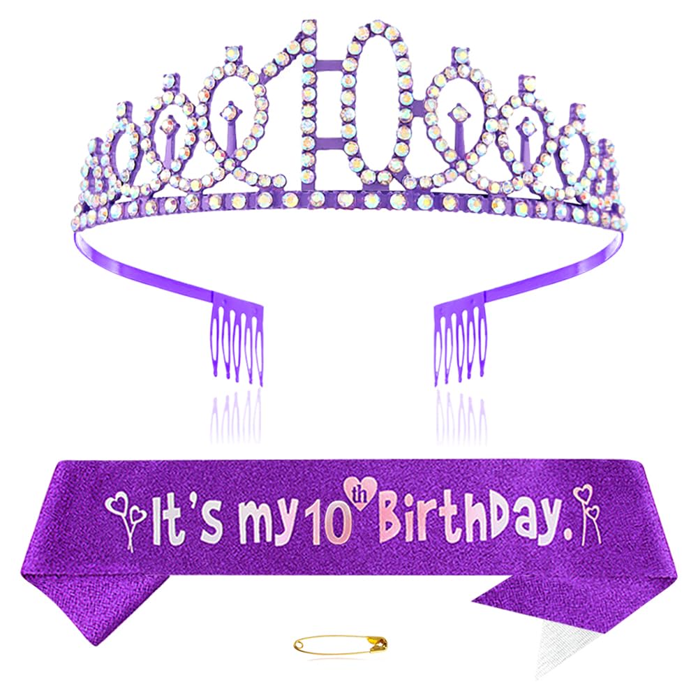 Viola 10° compleanno tiara fascia per ragazze principessa corona cristallo regina tiara compleanno fasce per capelli decorazioni di compleanno fascia di compleanno diadema kit ragazza compleanno