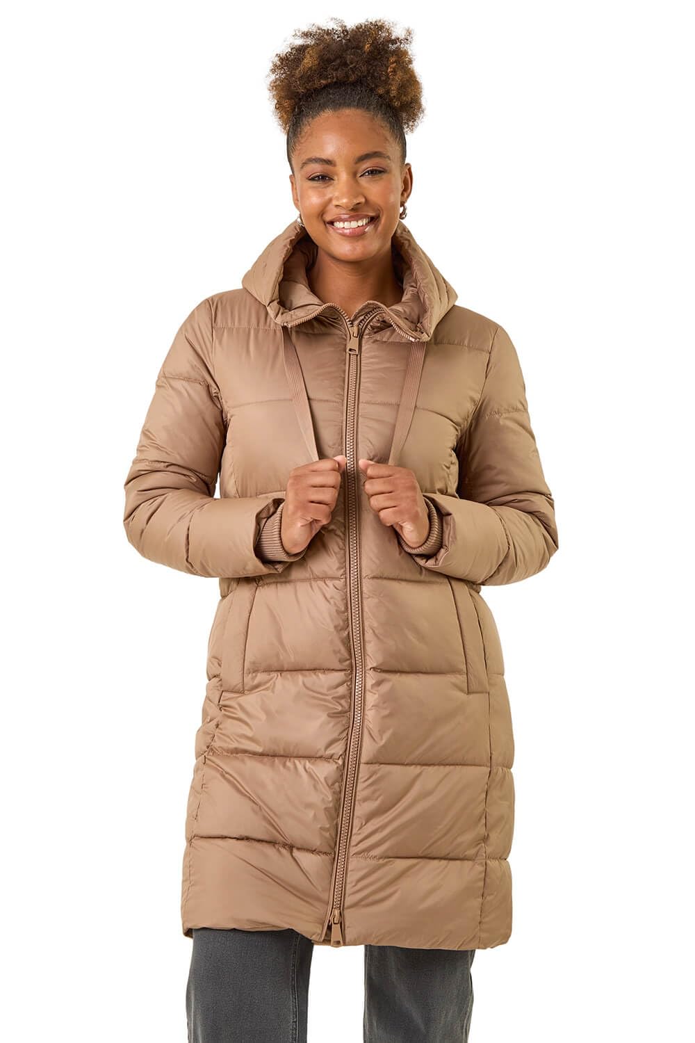 Roman Women's Tan Longline Padded Hooded Coat In | Size: 18