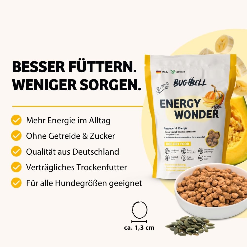 BugBell 7 kg High Energy sucha karma dla psów, białko owadów bez zbóż, bananów, dyni i chia, oleju z łososia i L-karnityny, wspierają aktywne życie psa, 100% przezroczysta deklaracja | High Energy sucha karma dla psów zapewnia wytrzymałość i energię – z L