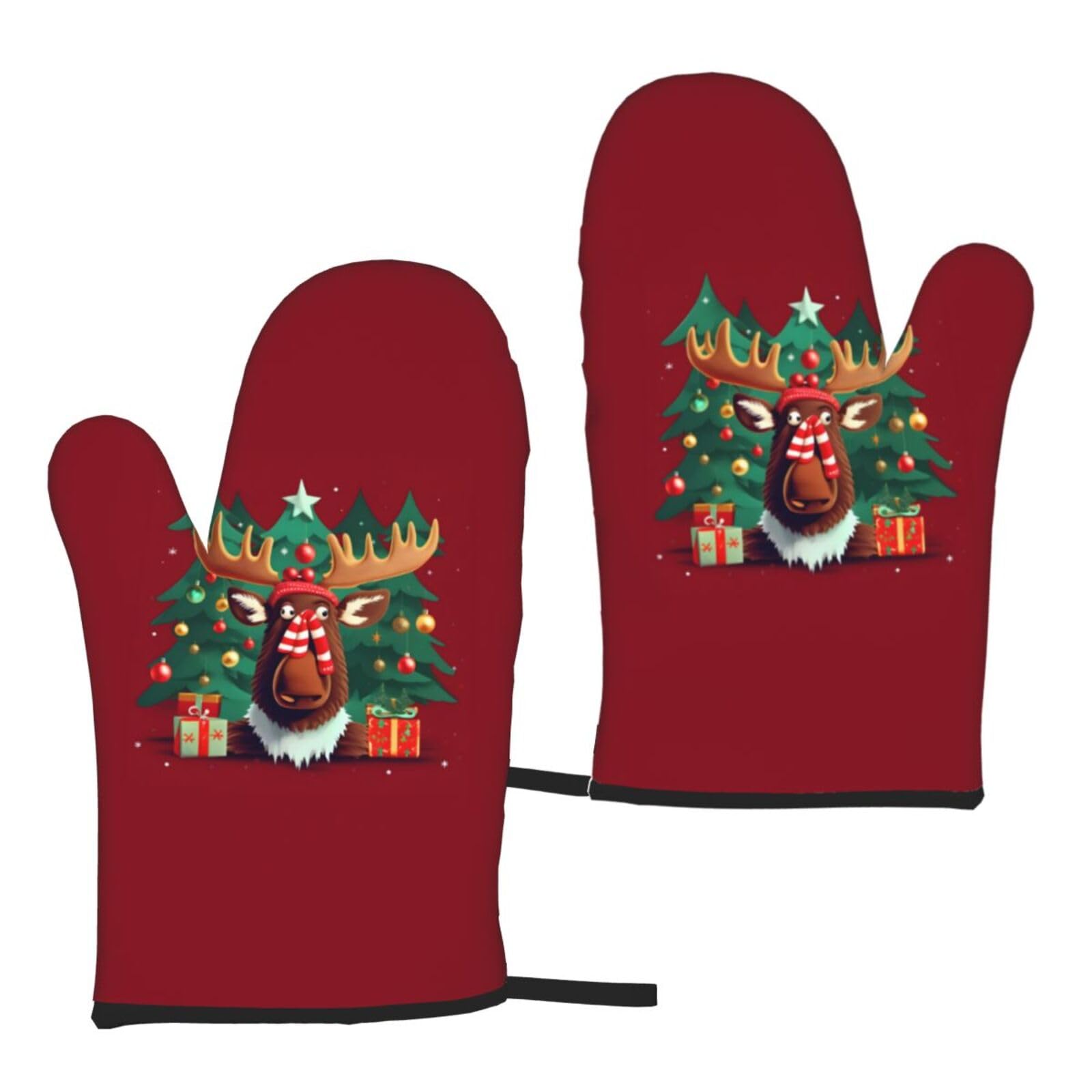 Funny Christmas Moose Print Heat Resistant Universal Fit Oven Microwave Gloves Home Cooking Baking Grilling