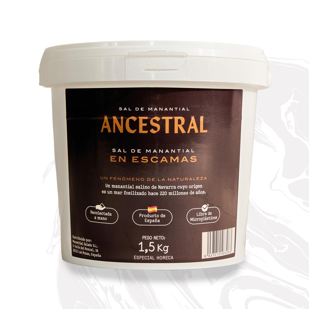 SAL ANCESTRAL - Sale in Scaglie di Sorgente - Fiocchi di Sale Gourmet Biologico - Sale in Scaglie ideale per Carne e Pesce - Formato Scorta 1,5 kg (Raccolto a Mano)