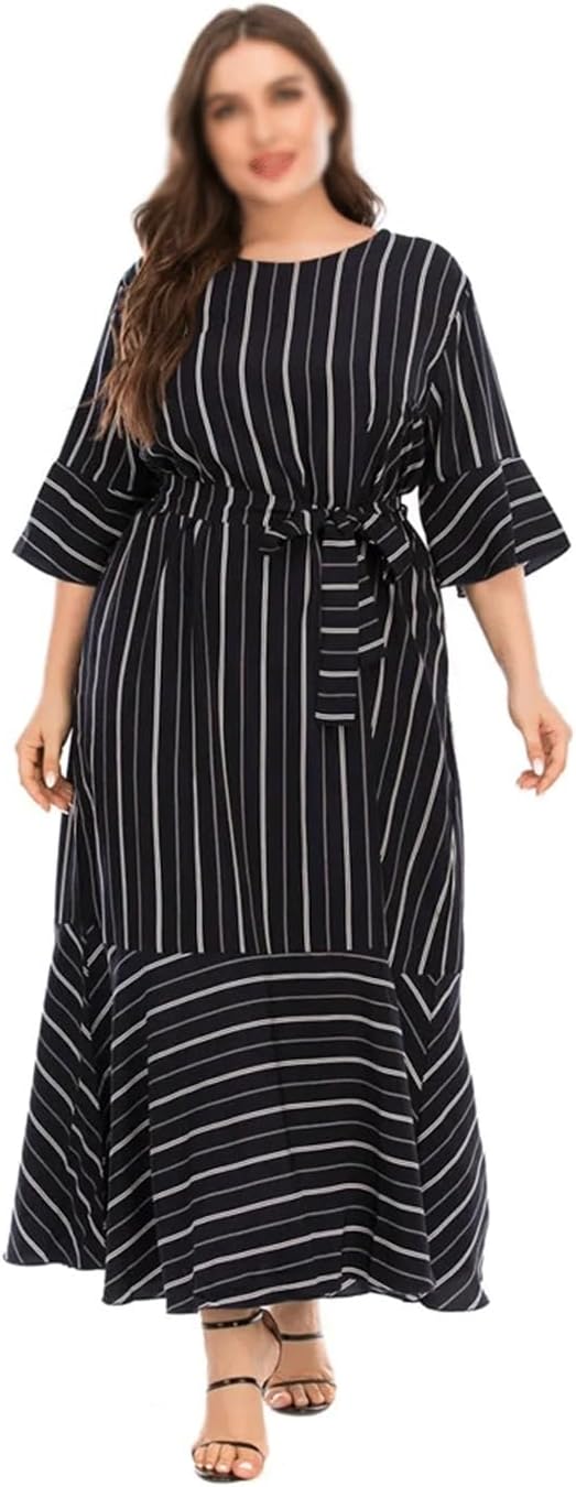 JSEIAJB Woman Dress Three Quarter Sleeve Striped Print Casual Dress Belted Patchwork Maxi Long Dresses