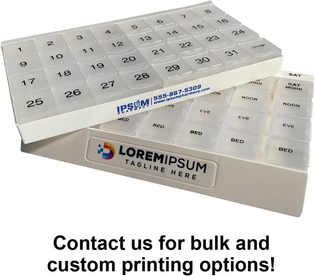 Unique XL Monthly Pill Organizer with 31 compartments, 1 per Day, 4 Week Full Month 31 Day Pill Organizer, Includes Tray and 8 Extra Large Removable compartments