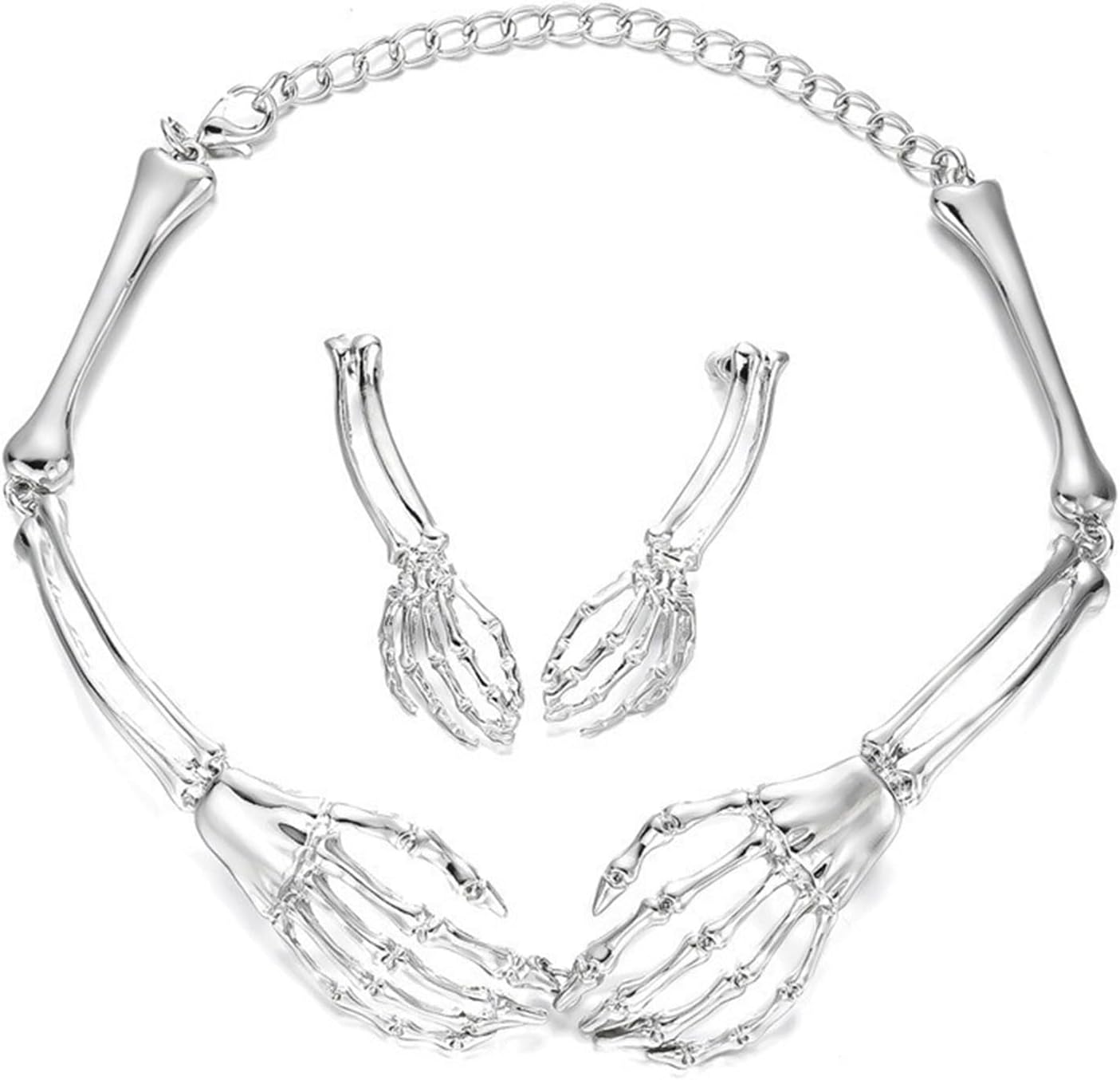 Halloween Skull Hand Necklace Earrings Set for Women Men Punk Skeleton Hand Choker Necklace Ghost Hand Earrings Gothic Jewelry Set Gifts