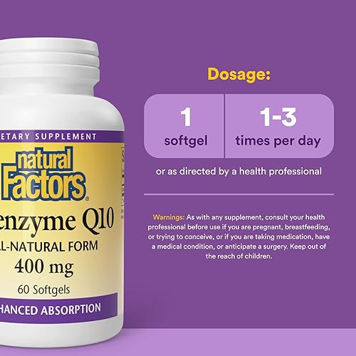 Miniatura 3 de Natural Factors, Coenzima Q10 400 mg, suplemento de coenzima Q10 de alta potencia para apoyo energético, cardíaco y cognitivo